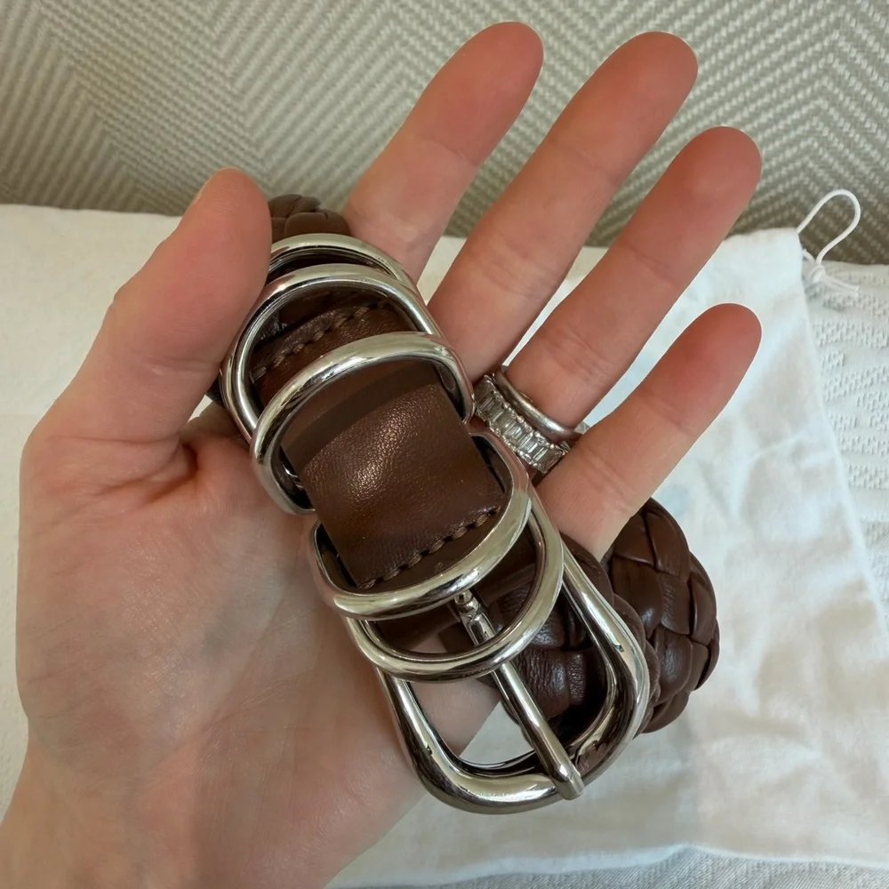 DÉHANCHÉ Braided Brown Leather Belt with Silver Rings